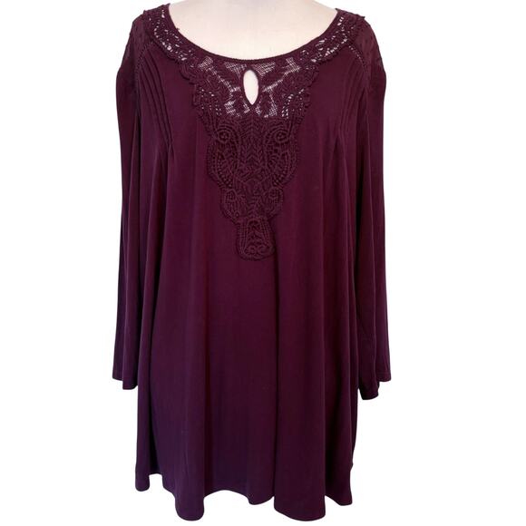 Daniel Rainn Peasant Top Womens Size 1X Plum Knit Chiffon Yoke Crochet Lace Boho - Picture 2 of 9